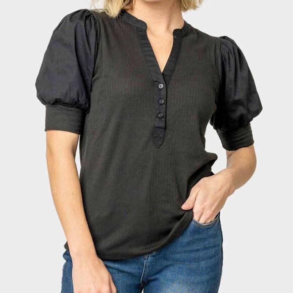 Gibsonlook Mixed Media Henley Top‎ With Puff Sleeves Black Size Small - Picture 1 of 12